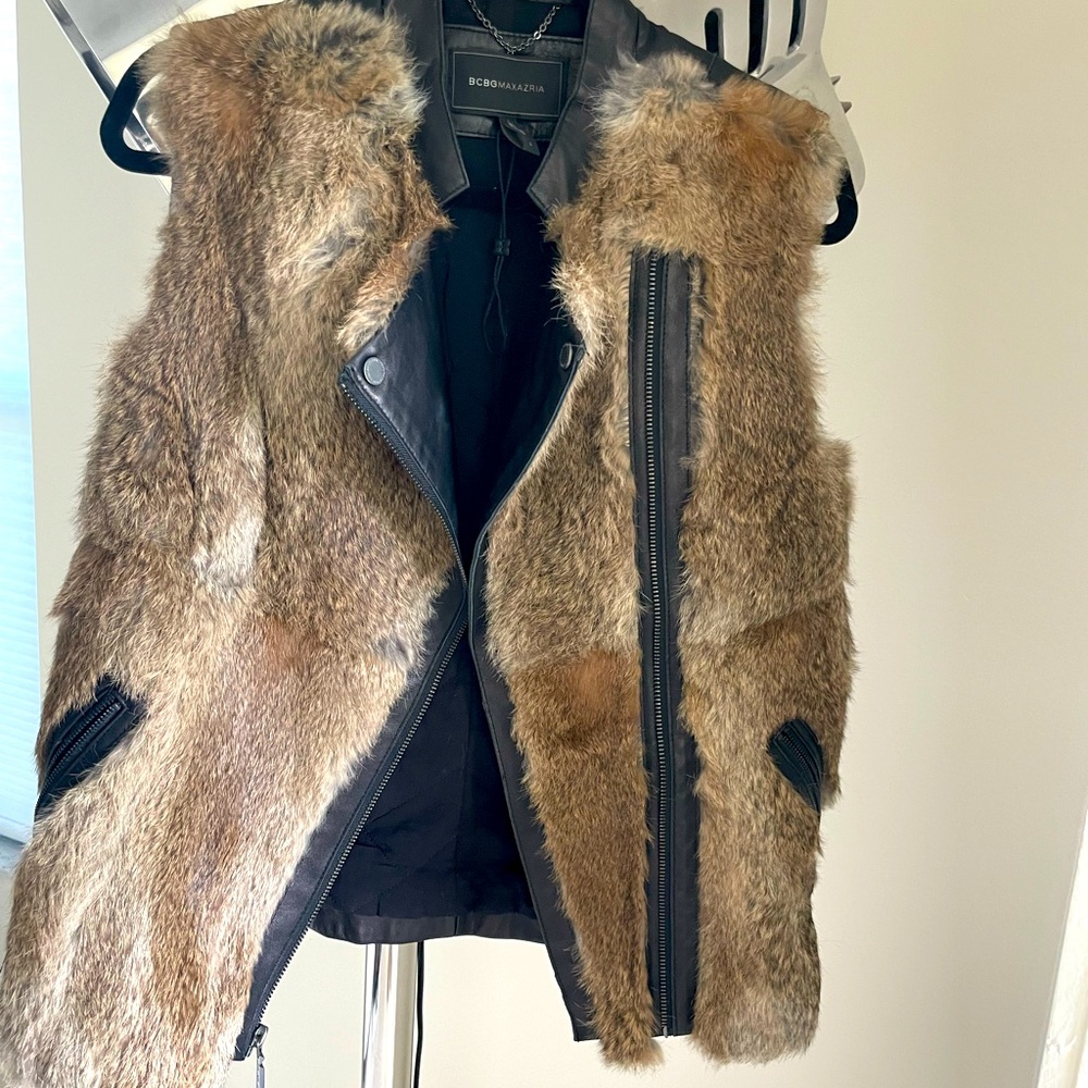 BCBG rabbit fur and leather vest